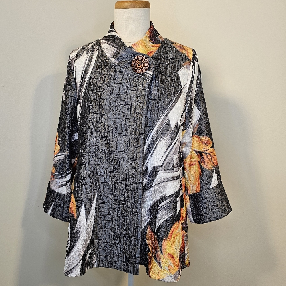 Black Textured Floral-Accent Women's Coat with Orange Detail